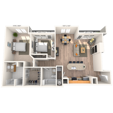 Floor plan for 2 beds, 2 baths, 1233 sqft